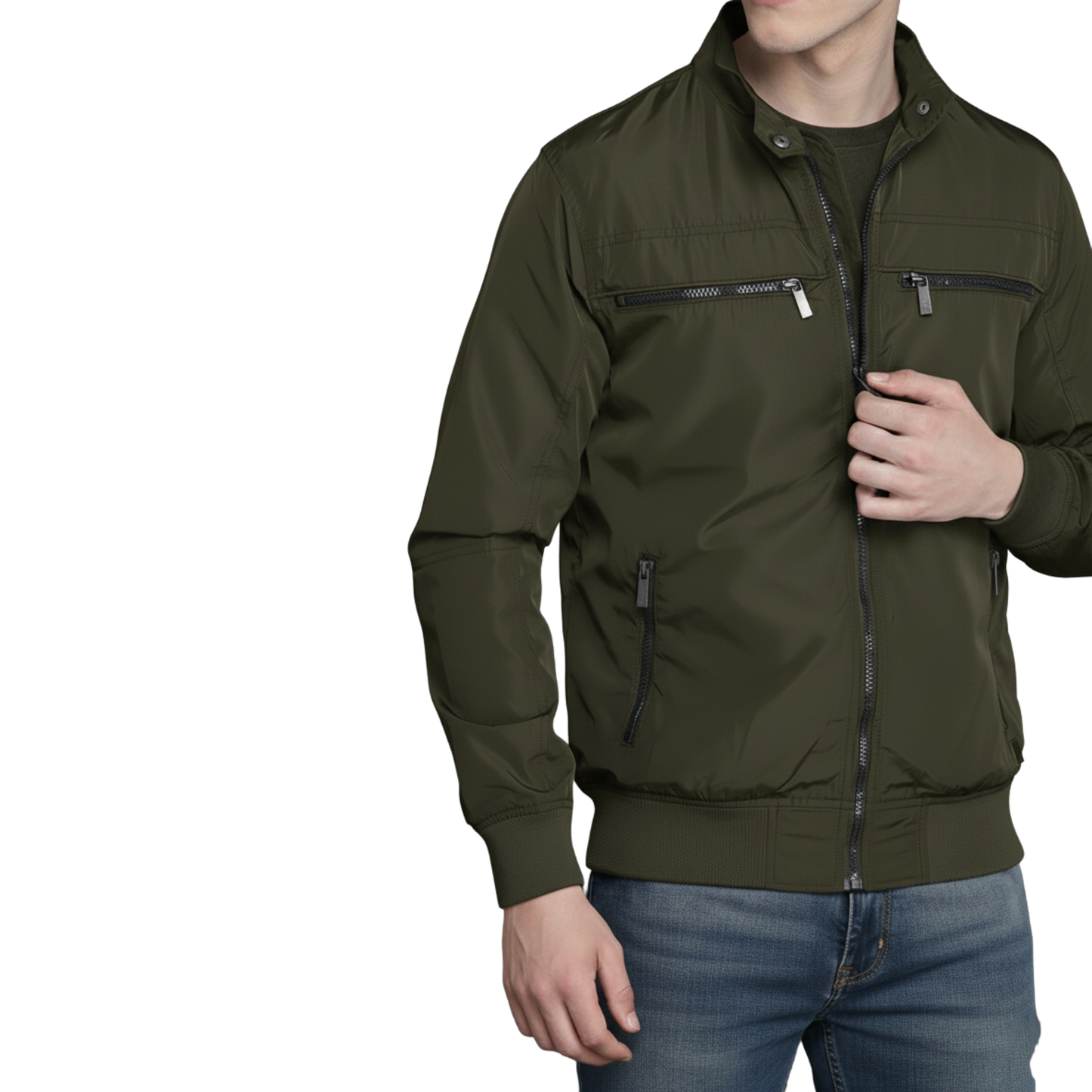 SKN-005: Classic Olive Stand Collar Zippered Jacket