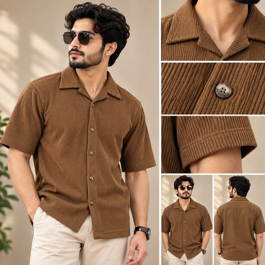 Cuban Collar Corduroy Half Sleeve Shirt |H-200