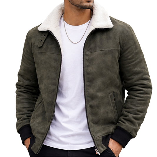SF-195 | Olive Suede-Look Bomber with Cream Sherpa Lining